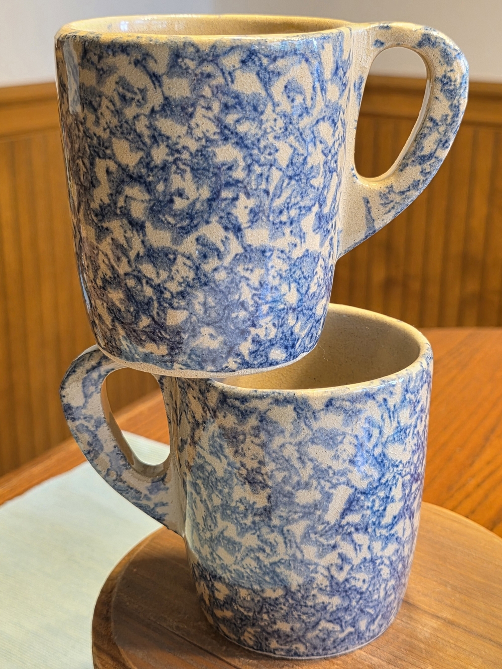 Set of 2 Vintage Robinson Ransbottom RRP Blue Spongeware Pottery Mugs 12oz